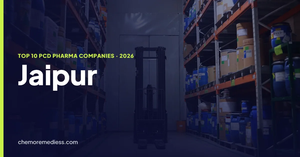 Stocked shelves of pharmaceutical cartons ready for dispatch to Jaipur distributors