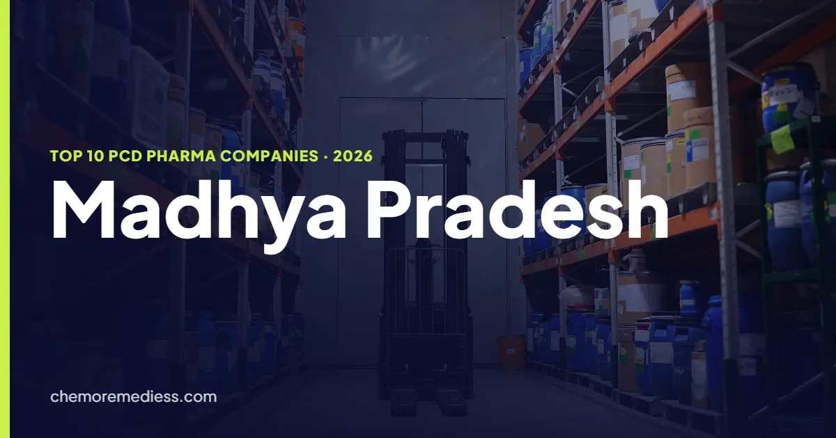 Stocked shelves of pharmaceutical cartons ready for dispatch to Madhya Pradesh distributors
