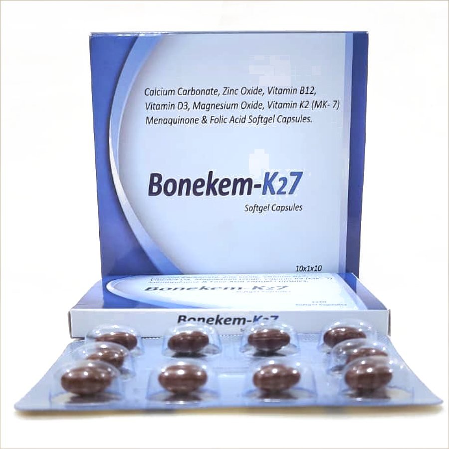 BONEKEM-K27 Cap — Calcium Carbonate 500 mg + Vitamin D3 0.25 mcg + Vitamin K2 (MK-7) 45 mcg + Vitamin B12 1 mcg + Zinc 7.5 mg + Magnesium 40 mg + Folic Acid 176.4 mcg