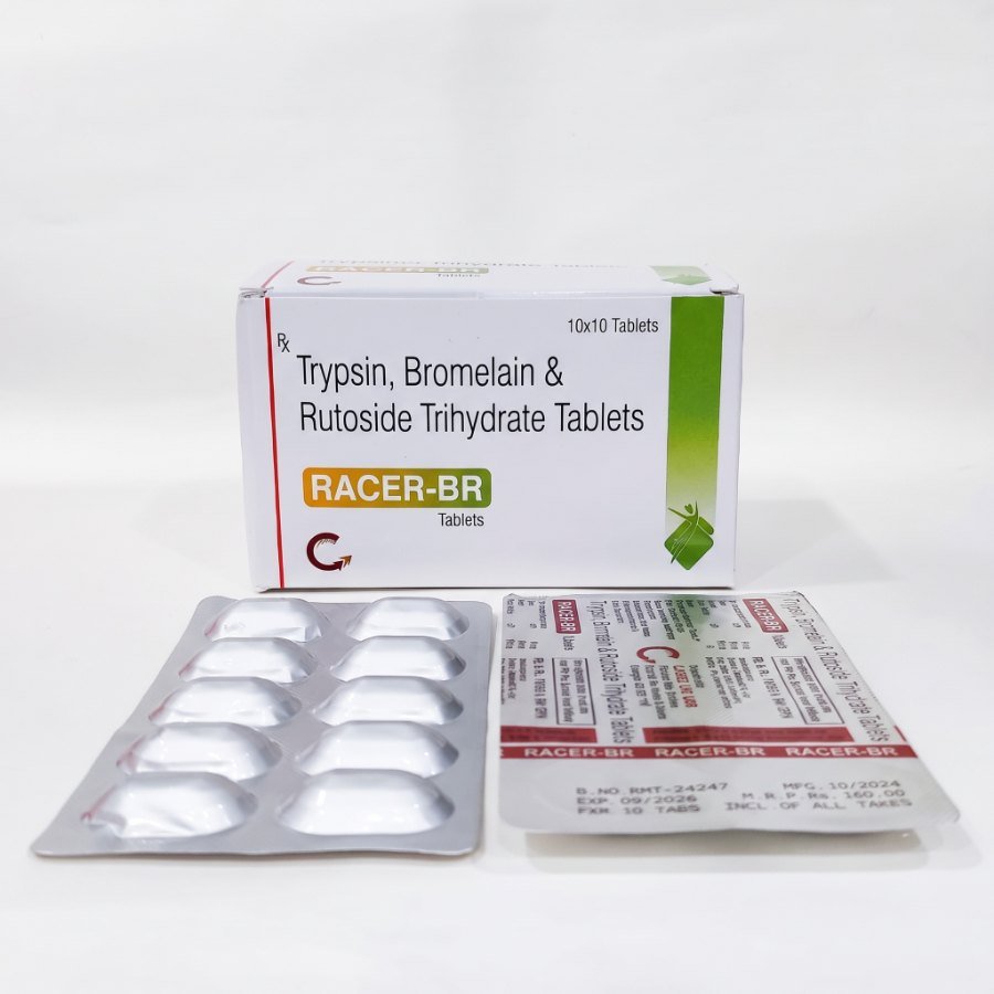 RACER-BR Tablet — Trypsin 48 mg + Bromelain 90 mg + Rutoside Trihydrate 100 mg